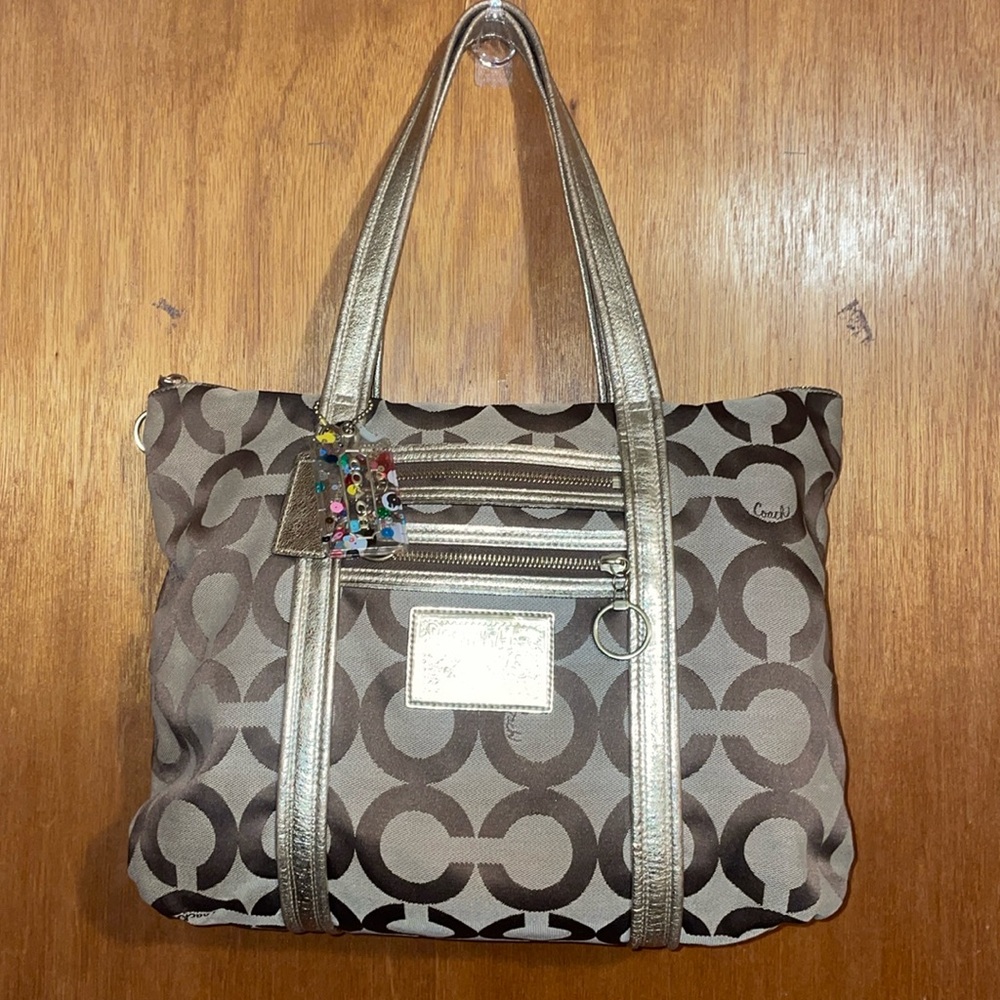 Coach Poppy 3D OP ART Signature GLAM Brown & Gold Tote Bag 13826